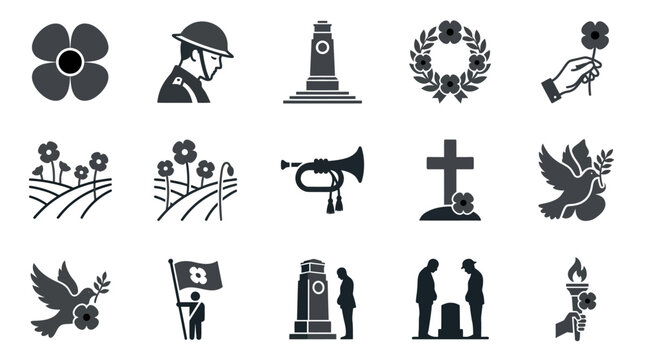 Remembrance Day Icons: Poppies, Soldier, Cenotaph, Laurel Wreath, Bugle, Dove, Cross