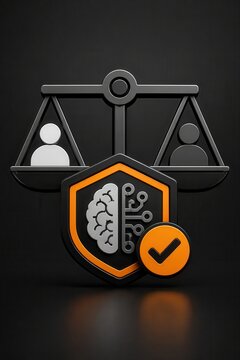 Artificial intelligence ethics concept with balance scale shield and checkmark 3D render