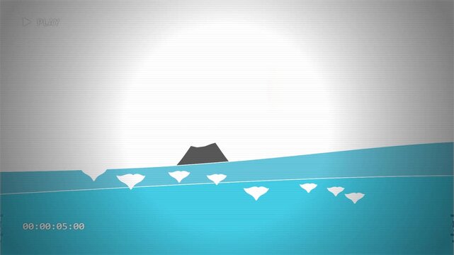 Minimalist animation of whale tails moving in the ocean with a mountain