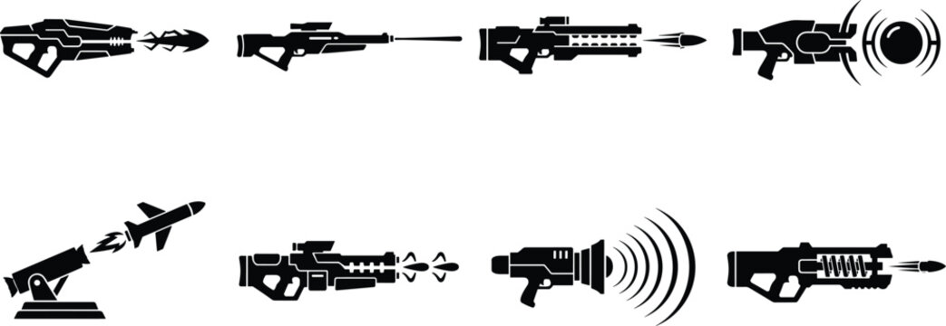 Set of futuristic sci-fi weapon silhouettes firing laser beams rockets bullets sound waves and plasma energy icons isolated on white background