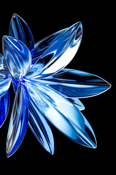 Futuristic chrome flower sculpture with reflective metallic petals on dark background 3D Render