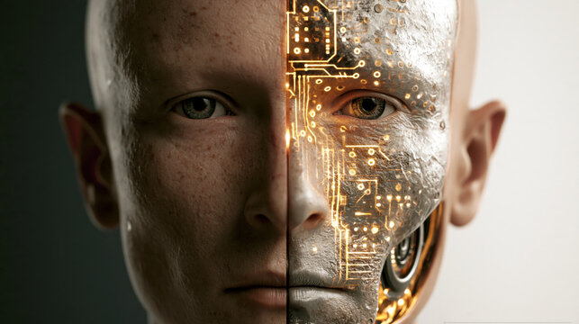 Half-human half-android face split composition, realistic fusion of flesh and machine, glowing circuits beneath skin, conceptual artificial intelligence artwork