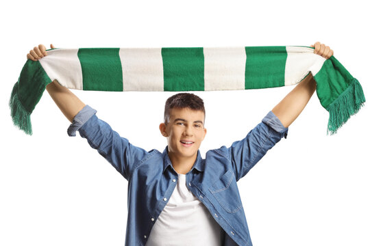 Happy young man cheering with a scarf