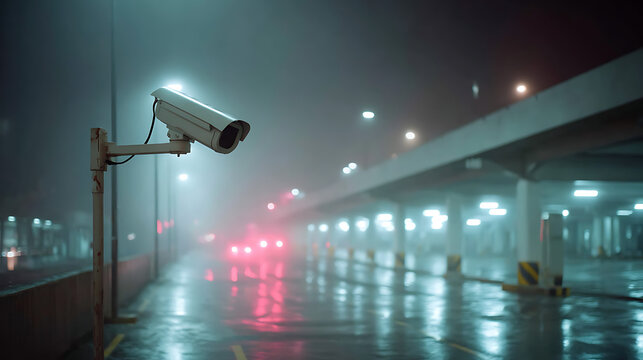 modern dome security camera mounted on ceiling monitoring underground parking garage with parked cars in background