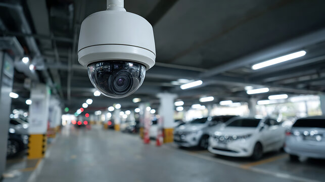 cctv surveillance camera installed in indoor parking lot ceiling for safety monitoring and security system technology