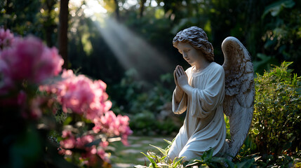 Fototapeta premium small stone angel statue sitting among green garden plants and pink flowers in soft natural sunlight outdoors peaceful scene