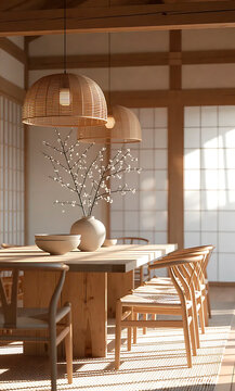 Ample dining room with Japanese aesthetics, natural materials, minimalist art