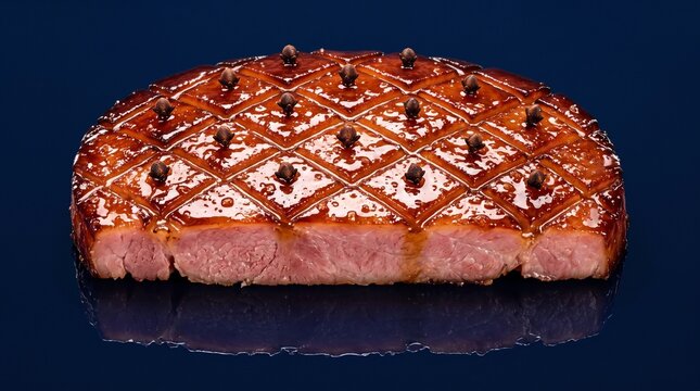Succulent honey glazed holiday ham featuring a traditional diamond-cut crust studded with cloves, ideal for Christmas dinner menu or festive food ads.