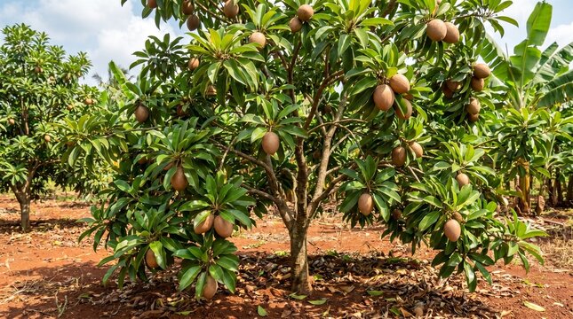 Sapodilla Tree Loaded with Ripe Sapodilla Fruits in a Tropical Orchard
