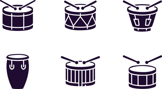 Collection of six different drum icons with drumsticks on white background