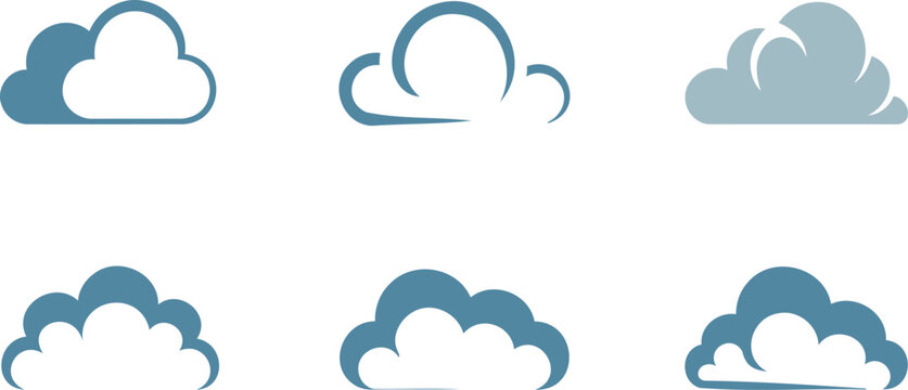 Collection of various blue cartoon cloud shapes on white background for graphic design