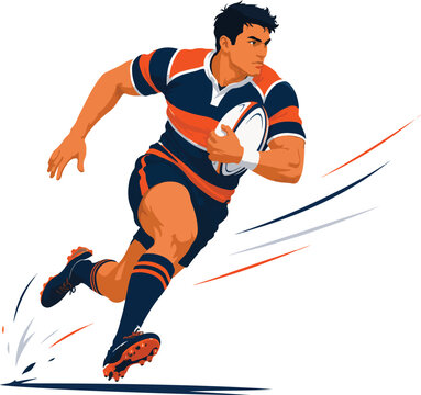 Rugby player running with ball in orange and blue kit