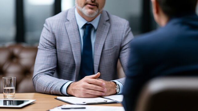 Businessman meeting with a financial advisor in an office setting, seated face to face with no visible faces, professional consultation concept.