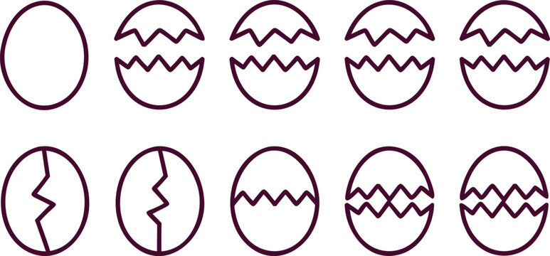 Set of cracked egg icons in purple line art on white background