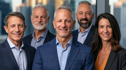 Fototapeta premium Professional business team portrait in a modern office, diverse group of senior executives and managers smiling confidently, corporate leadership concept