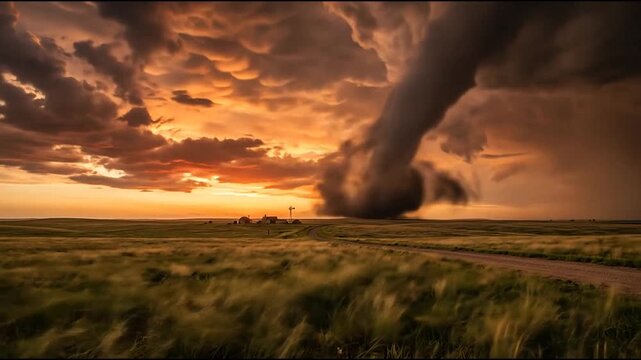 Large tornado on horizon at sunset in golden field.