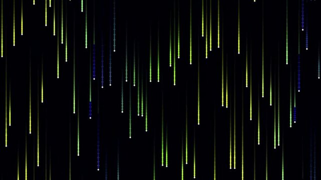 Vibrant streaks of light descend against a deep black canvas