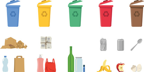 Waste Sorting and Garbage Recycling Icon Set with Multi Colored Bins For Cardboard Paper Plastic Bottles Glass Metal Cans Organic Food Scraps Vector © Sanjida Creative