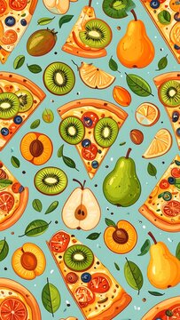 Colorful Fresh Fruits and Pizza Slices Pattern.