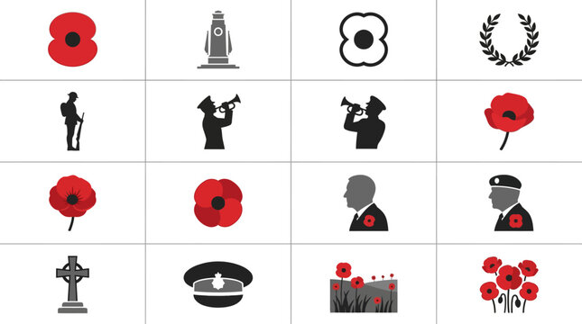 Remembrance Day Poppy Icons: Soldier, Bugler, Wreath, Cross, Cap
