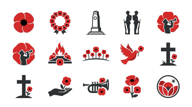 Remembrance Day Poppy Icons Set: Memorial, Soldier, Wreath, Dove, Cross