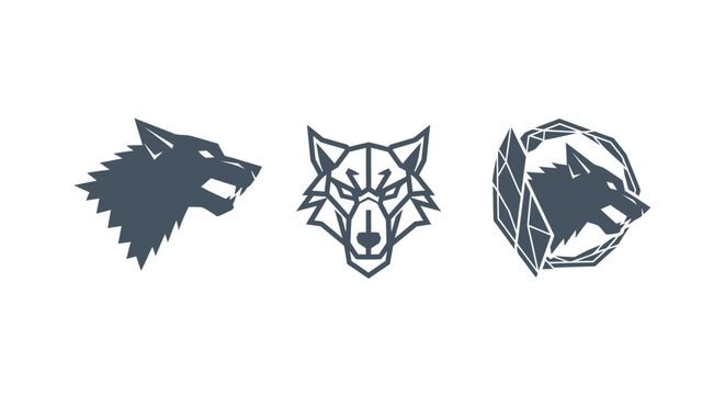 Three distinct wolf head logos in black and white.