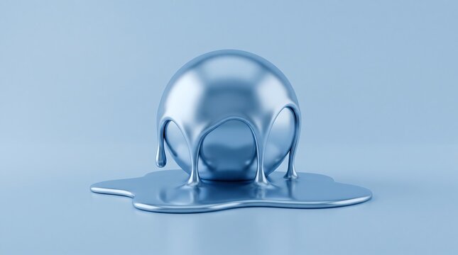 Abstract 3D Render of Melting Smooth Metallic Sphere on Reflective Surface in Soft Blue Light
