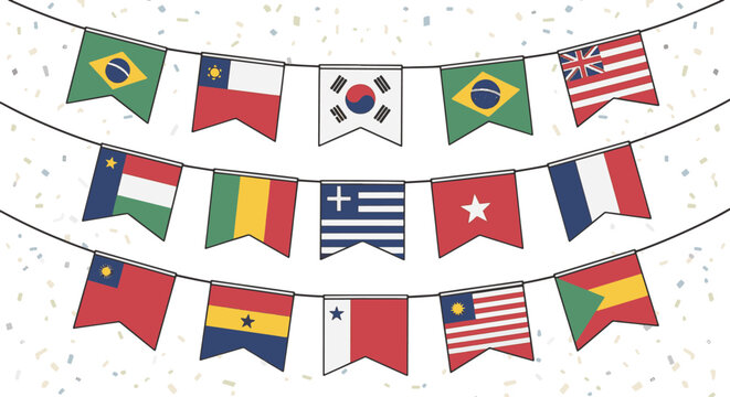 Illustration of international world flag bunting garland featuring flags of Brazil, South Korea, Greece, France, and other nations on a white background with festive confetti.
