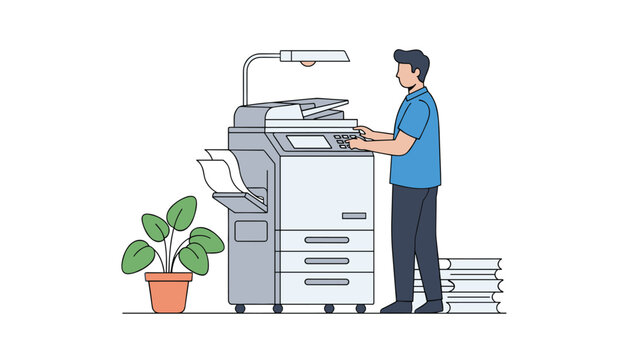 Person operating a large industrial copier machine in a minimalist workspace with a potted plant on the side for professional business documentation.