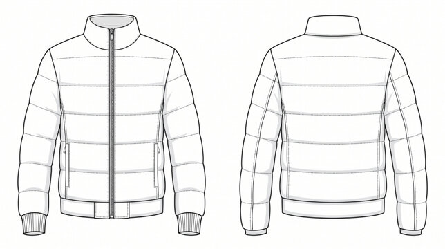 Puffer Jacket Front And Back View Technical Apparel Vector Template