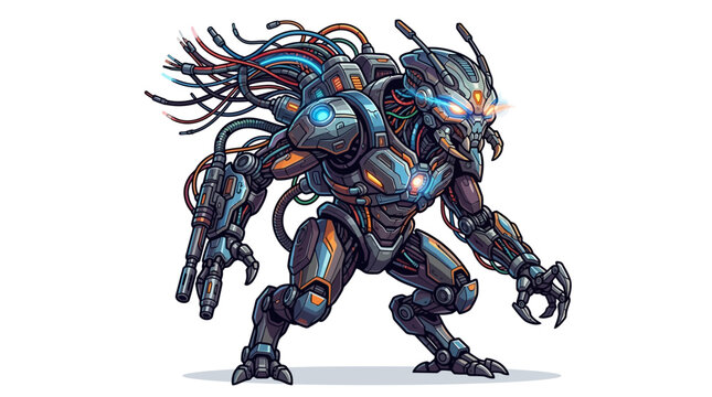 A futuristic robotic creature with wires and sharp claws attacks forward.