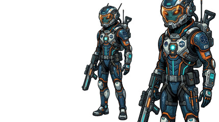 Fototapeta premium Two futuristic space soldiers in metallic suits stand ready with guns