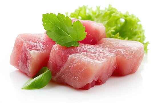 Freshly Cut Raw Tuna Cubes Garnished with Green Leaves on White Background for Healthy Seafood Cuisine