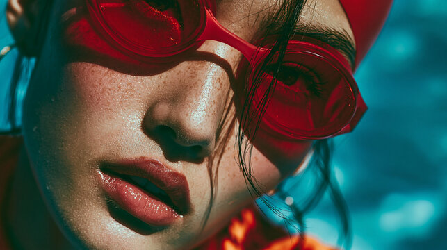 Beautiful swimmer athlete woman wearing red goggles , looking to camera , swimming pool is background.