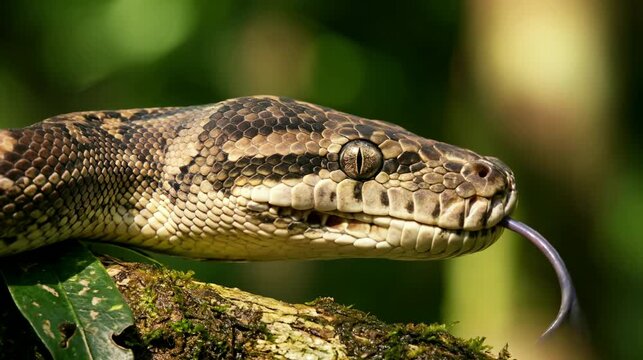 amethystine python on daintree rainforest tree australia close up golden sunlight video