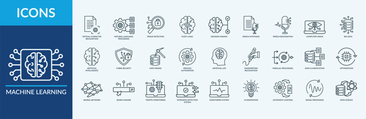 Machine Learning - Icon Collection. Thin Outline Set contains such Icons as neural network, natural language processing, data mining and more. Simple web icons set © Varianicon