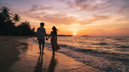 Fototapeta premium couple walking on the beach at sunset