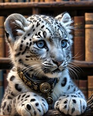 Fototapeta premium A steampunk snow leopard cub digitally created animal, generative ai, in a bookstore