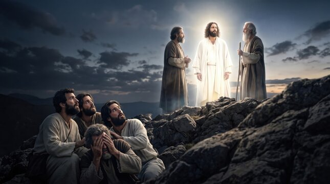 Jesus Christ transfigured on mountain among Moses and Elijah with disciples Peter James and John witnessing the miracle. Scene from the Bible illustrating divine power and glory.