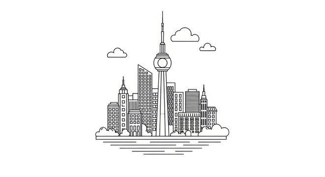 Minimalist Shanghai Skyline Illustration with Oriental Pearl Tower and Clouds.