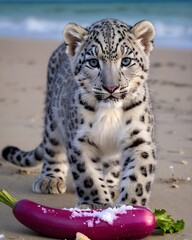 Naklejka premium A snow leopard cub digitally created animal, generative ai, in a tropical beach.