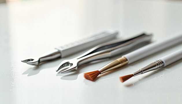Sterile manicure tools with precision brushes on clean white background, sterile instruments for nail services in beauty salons, safety concepts for podiatrists and manicurists