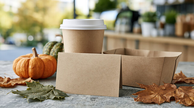 Autumn coffee cup with blank menu card and paper box, seasonal drink sale concept