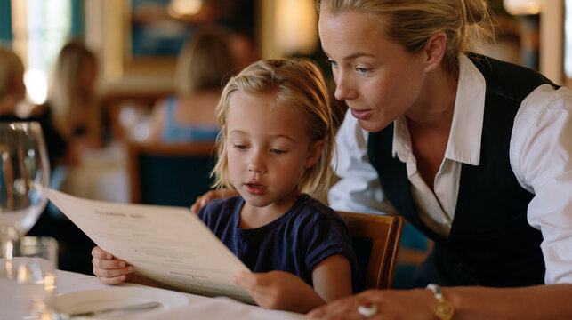 Restaurant server kneeling beside a seated child in a busy dining room, carefully reviewing an allergen menu card with a concerned parent who holds a medical alert bracelet, representing food allerg