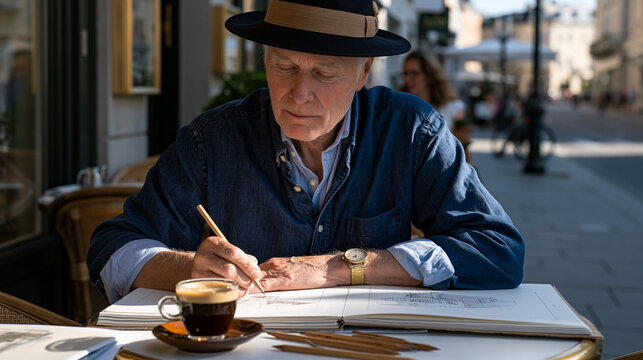 Retired architect sketching building designs in large-format sketchbook at outdoor caf&eacute; table during July morning, espresso beside drafting pencils, expression of continued creative professional ide