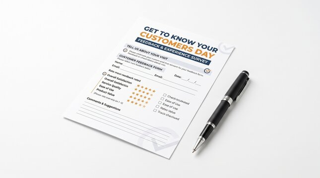 Printed customer feedback survey form resting on a clean white desk with a black pen