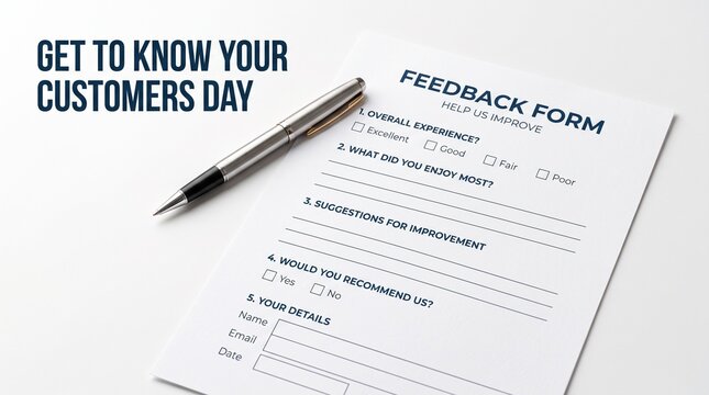 White paper feedback form with a metal pen resting on a clean minimalist office desk