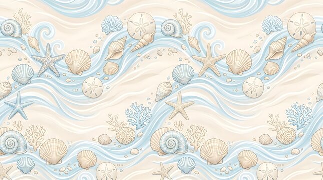 Elegant Coastal Luxury Seamless Pattern with Realistic Seashells, Starfish, Sand Dollars, Coral, Ocean Waves and Sandy Texture in Soft Pastel Blue Beige for Textile and Wallpaper
