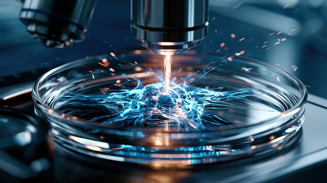 Cell culture under microscope with glowing cluster, cancer research concept in laboratory, blue light and sterile glass dish