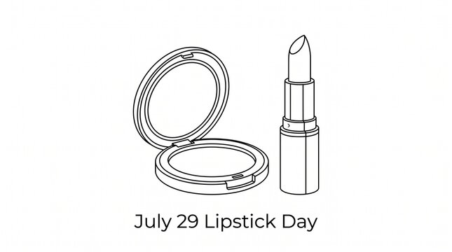 Minimalist black and white line art illustration showing a compact mirror and an open lipstick
